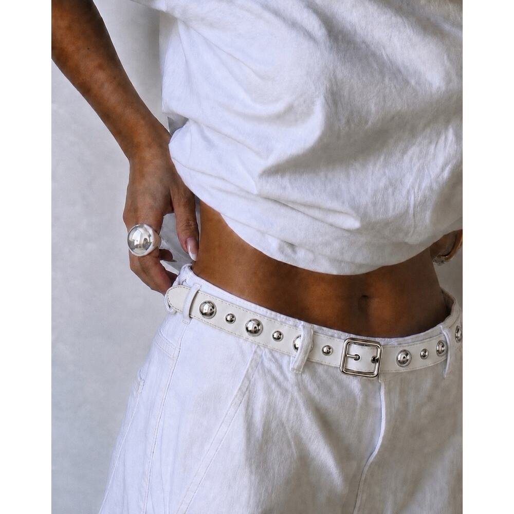 Italian White Studded Skinny Belt | Silver Dome Studs Leather Khaite Style  EUC